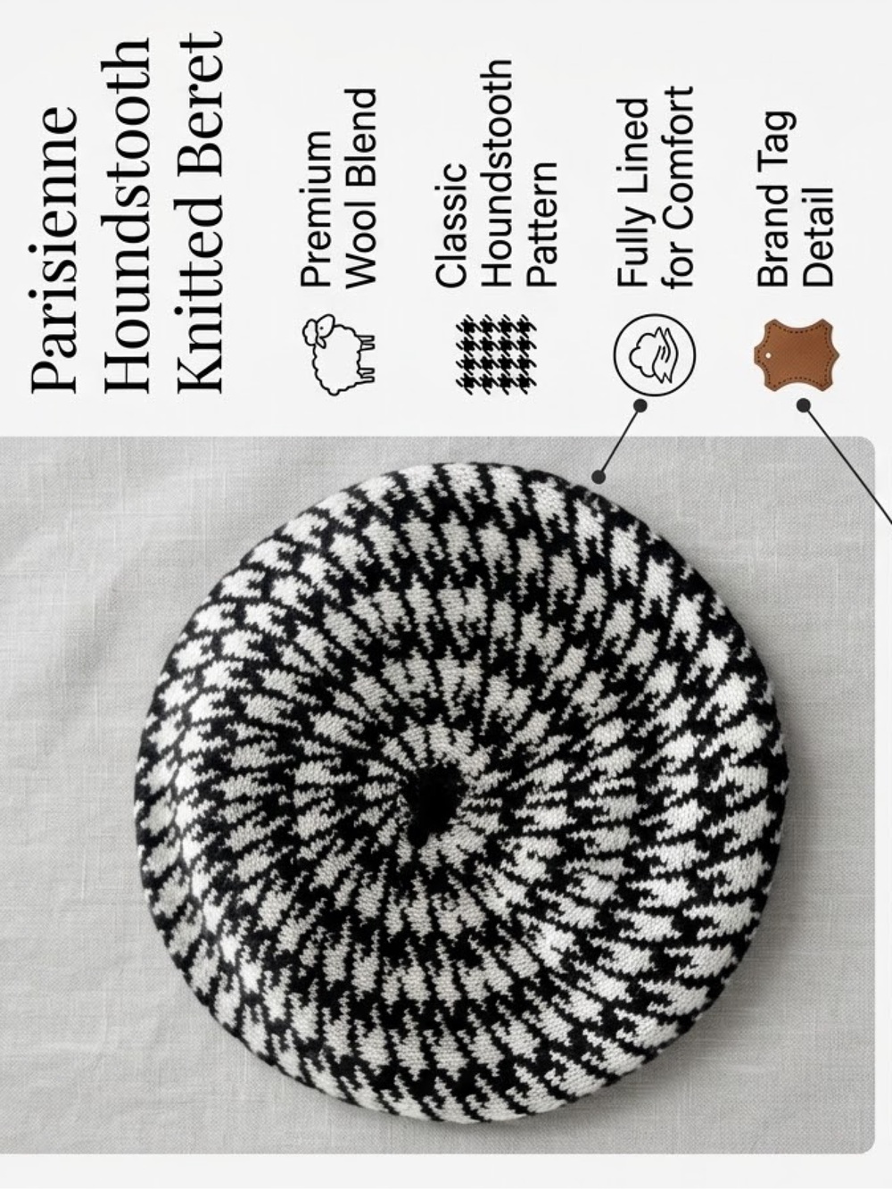 Parisienne Houndstooth Knitted Beret - Black & White